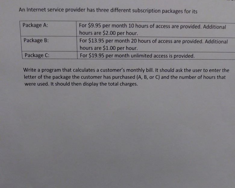 An Internet service provider has three different subscription packages for its Package A: Package B Package C: For $9.95 per month 10 hours of access are provided. Additional hours are $2.00 per hour. For $13.95 per month 20 hours of access are provided. Additional hours are $1.00 per hour For $19.95 per month unlimited access is provided. Write a program that calculates a customers monthly bill. It should ask the user to enter the letter of the package the customer has purchased (A, B, or C) and the number of hours that were used. It should then display the total charges