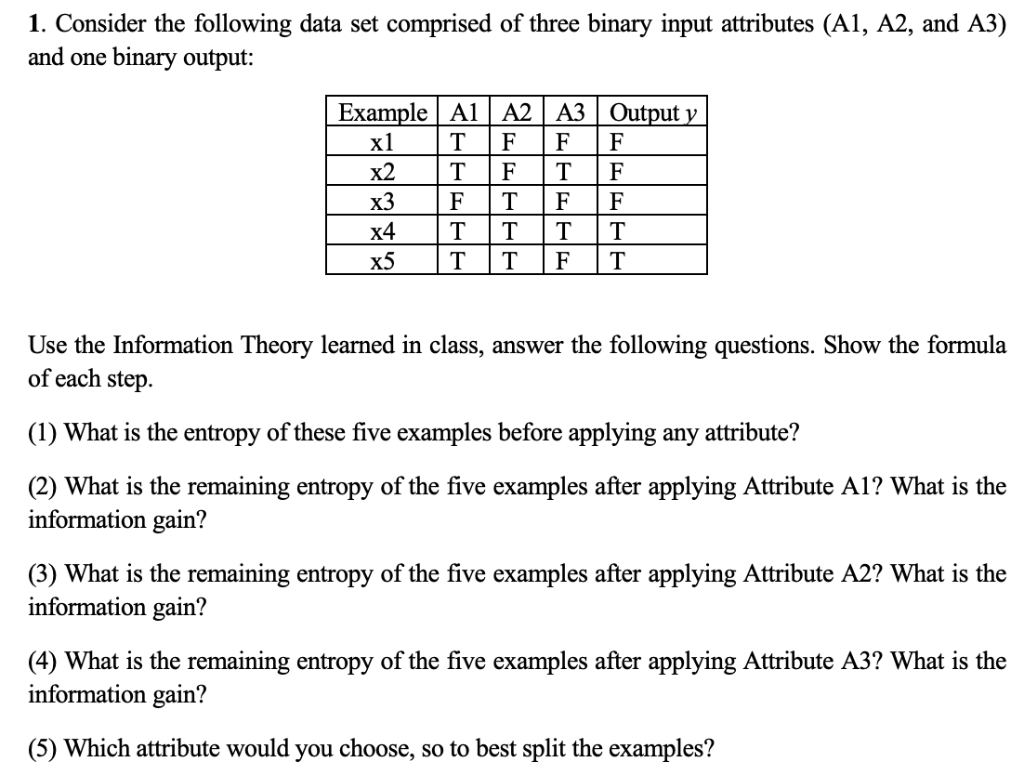 1. Consider the following data set comprised of three binary input attributes (A1, A2, and A3) and one binary output: Example