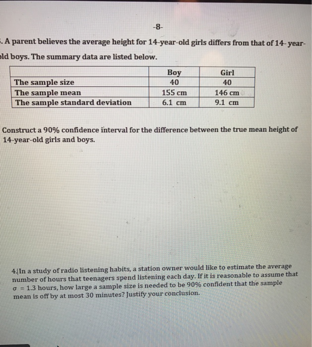 Solved A Parent Believes The Average Height For 14 Year O Chegg Com