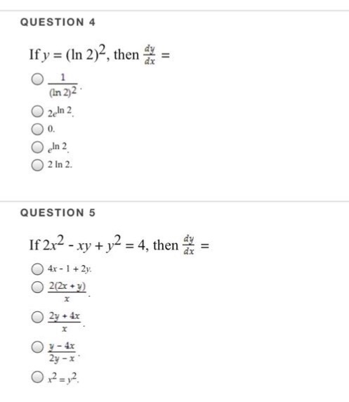 Solved If Y Ln 2 2 Then Dy Dx 1 Ln 2 2 2 E Ln 2 0 Chegg Com