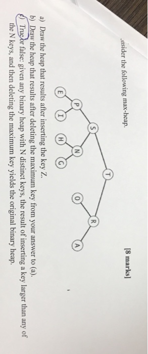 nsider the following max-heap. 8 marks] 0 a) Draw the heap that results after inserting the key Z b) Draw the heap that results after deleting the maximum key from your answer to (a). Trucbr false: given any binary heap with N distinct keys, the result of inserting a key larger than any of the N keys, and then deleting the maximum key yields the original binary heap.