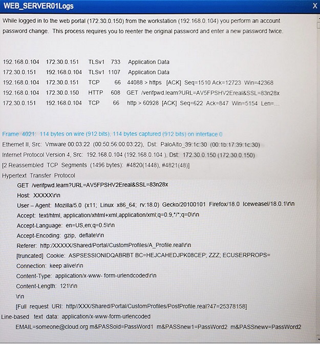 WEB_SERVERO1Logs While logged in to the web portal (172.30.0.150) from the workstation (192.168.0.104) you perform an account