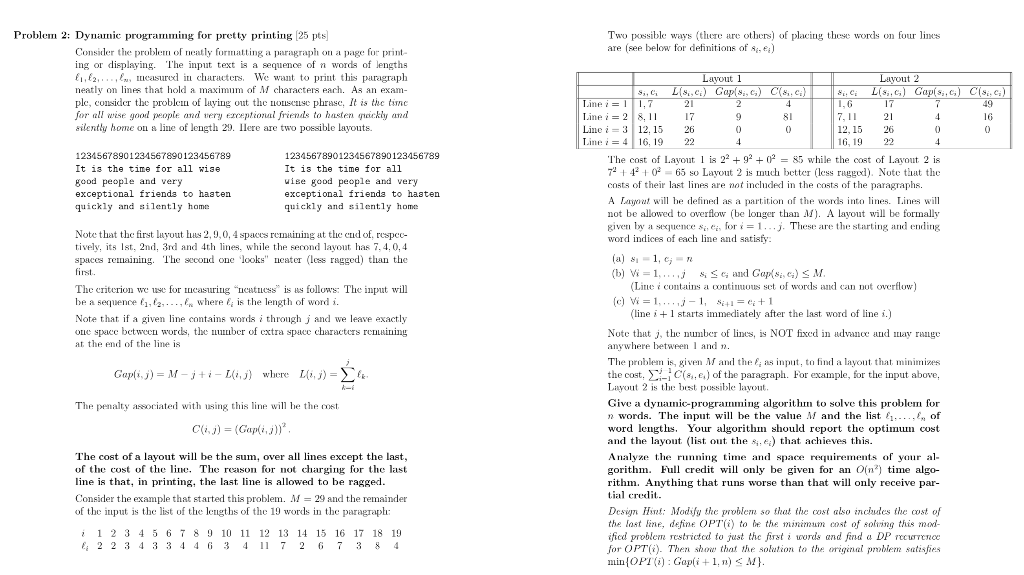 Proble 2: Dynamic programing for pretty printing 25 pts Two possible ways (the e others) of placing these words on four lins