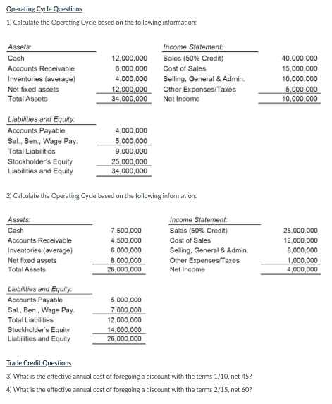 Solved Operating Cycle Questions 1 Calculate The Operating Chegg Com