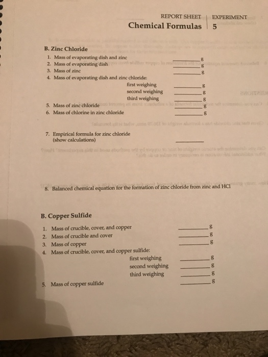 Solved Report Sheet Experiment Chemical Formulas5 B Zinc Chegg Com