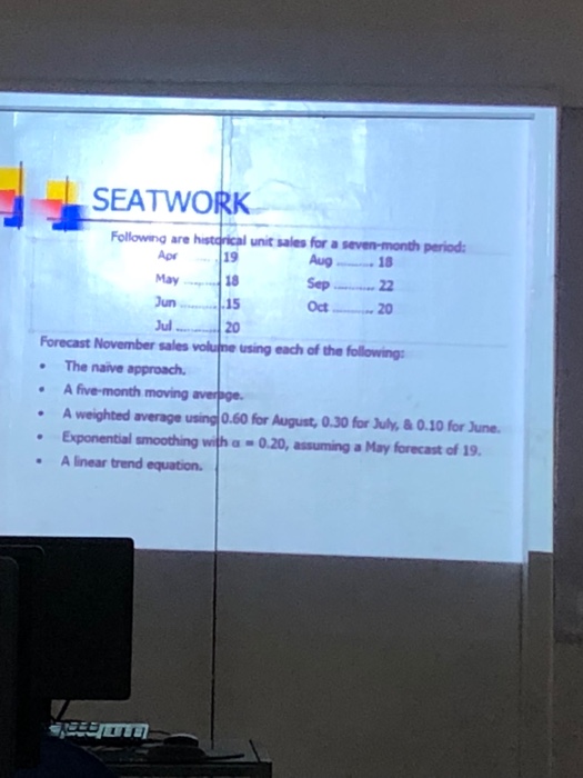 SEATWORK Following are historical unit sales for a seven-month period: Apr 19 May18 un 15 u 20 Aug1 Sep 22 Oct20 Forecast November sales volume using each of the following The naive approach. .A five-month moving A weighted average using 0.60 for August,0.30 for July, &0.10 for June. Exponential smoothing with a- 0.20, assuming a May forecast of 19 A linear trend equation