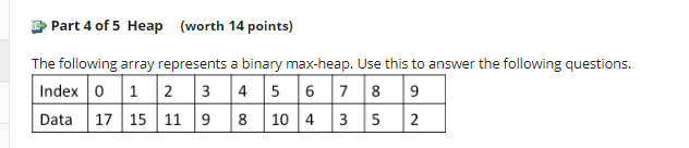 Part 4 of 5 Heap (worth 14 points) The following array represents a binary max-heap. Use this to answer the following questio