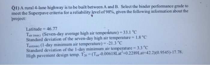 Q1) A rural 4-lane highway is to be built between A and B. Select the binder performance grade to meet the Superpave criteria