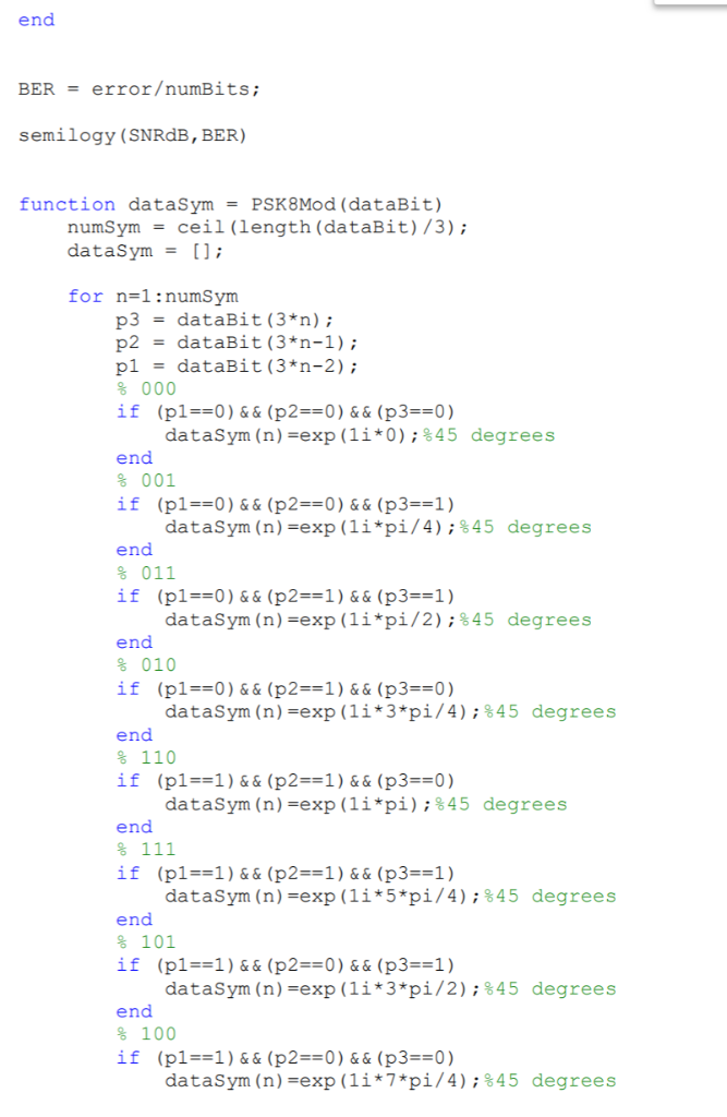 end error/numBits; BER = semilogy (SNRdB, BER) function dataSym - PSK8Mod (dataBit) numSym -ceil (length (dataBit)/3); dataSy