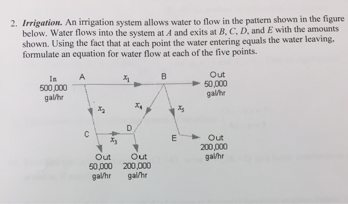 2. Irrigation. An irrigation system allows water to flow in the pattern shown in the figure below. Water flows into the system at A and exits at B, C, D, and E with the amounts shown. the fact that at each point the water entering equals the water leaving formulate an equation for water flow at each of the five points. Out In A. 50,000 500,000 gal/hr gal/hr Out 200,000 gal/hr Out Out 50,000 200,000 gal/hr gal/hr