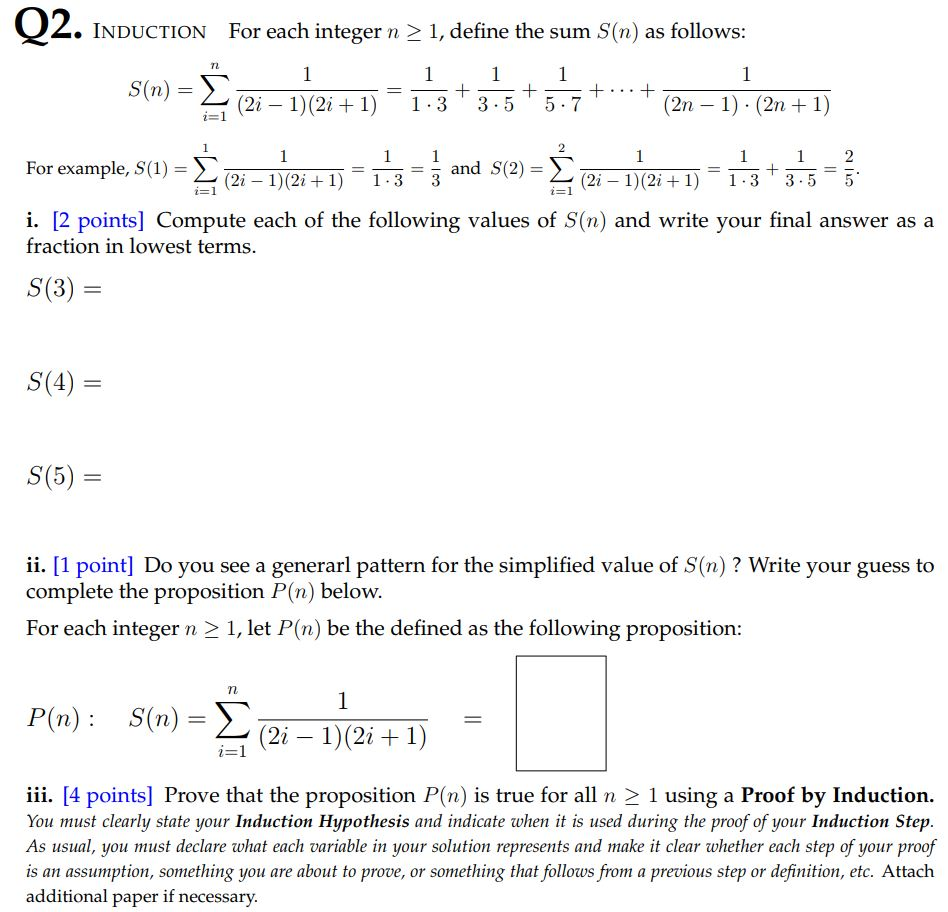 Solved Q2 Induction For Each Integer N 2 1 Define The S Chegg Com