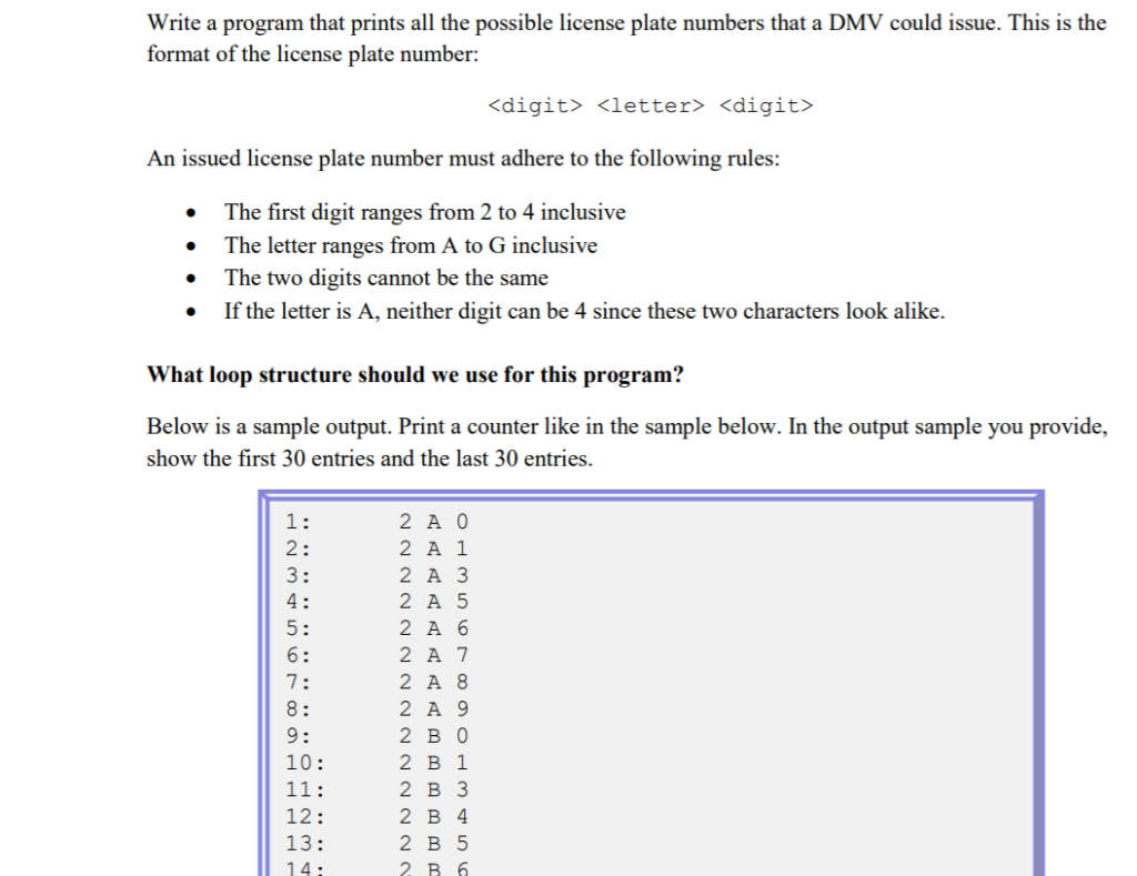 Write a program that prints all the possible license plate numbers that a DMV could issue. This is the format of the license