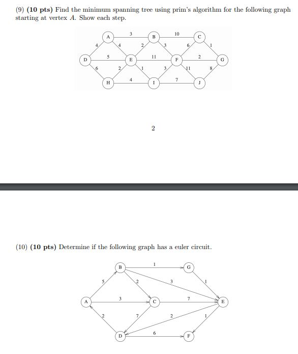 (9) (10 pts) Find the minimum spanning tree using prims algorithm for the following graph starting at vertex A. Show each st