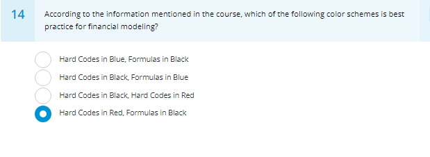 14 According to the information mentioned in the course, which of the following color schemes is best practice forfinancial m