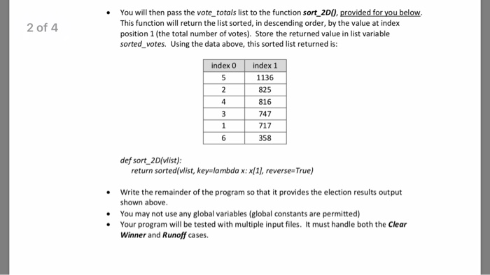You will then pass the vote_totals list to the function sort_2D(), provided for you below This function will return the list
