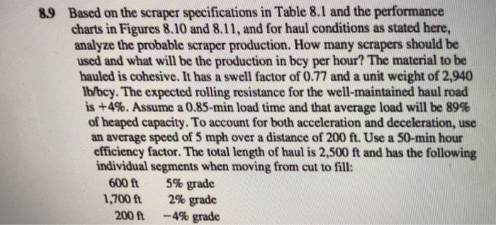 89 based on the scraper specifications in table 8.1 and the performance charts in figures 8.10 and 8.11, and for haul conditions as stated here, analyze the probable scraper production. how many scrapers should be used and what will be the production in bey per hour? the material to be hauled is cohesive. it has a swell factor of 0.77 and a unit weight of 2,940 ib/bcy. the expected rolling resistance for the well-maintained haul road is +4%. assume a 0.85-min load time and that average load will be 89% of heaped capacity. to account for both acceleration and deceleration, use an average speed of 5 mph over a distance of 200 ft. use a 50-min hour efficiency factor. the total length of haul is 2,500 ft and has the following individual segments when moving from cut to fill: 600 ft 1,700 ft 200 ft 5% grade 2% grade -4% grade