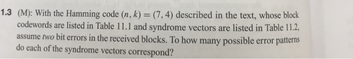 (7, 4) described in the text, whose block 1.3 (M): With the Hamming code (n, k) codewords are listed in Table 11.1 and syndro