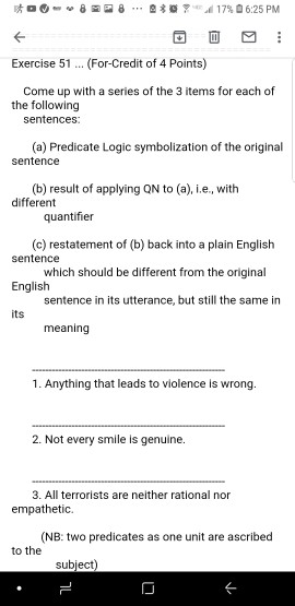 Exercise 51.. (For-Credit of 4 Points) Come up with a series of the 3 items for each of the following sentences (a) Predicate