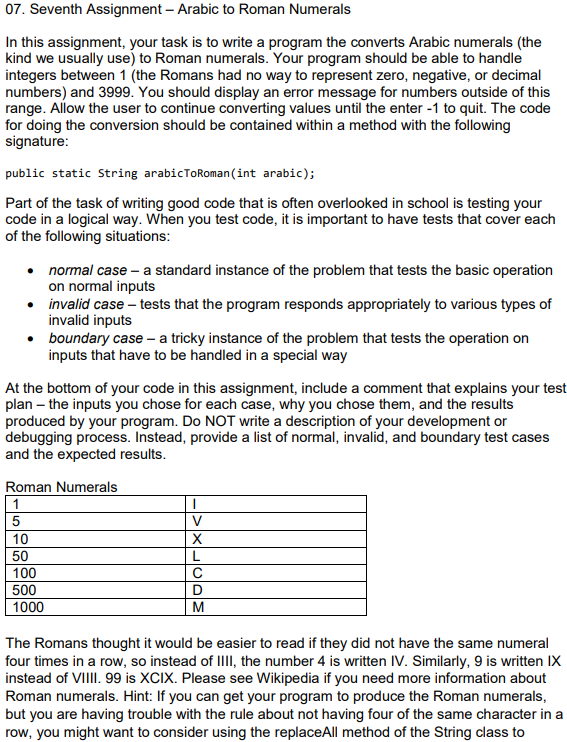 Solved 07 Seventh Assignment Arabic To Roman Numerals In Chegg Com