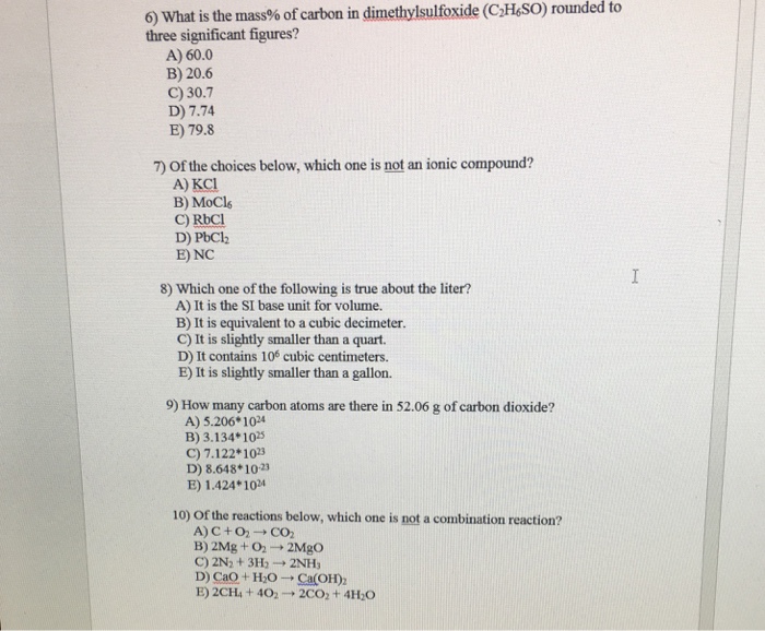 Solved 6 What Is The Mass Of Carbon In Dimethylsulfoxide Chegg Com