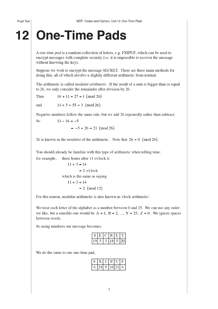 Solved Pupil Text Mep Codes And Ciphers Unit 12 One Tim Chegg Com