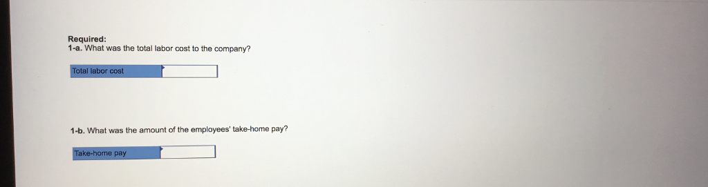 Required 1-a. What was the total labor cost to the company? labor 1-b. What was the amount of the employees take-home pay?