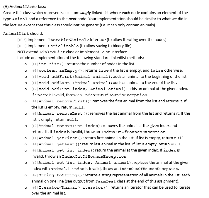 (A) AnimalList class Create this class which represents a custom singly linked-list where each node contains an element of th