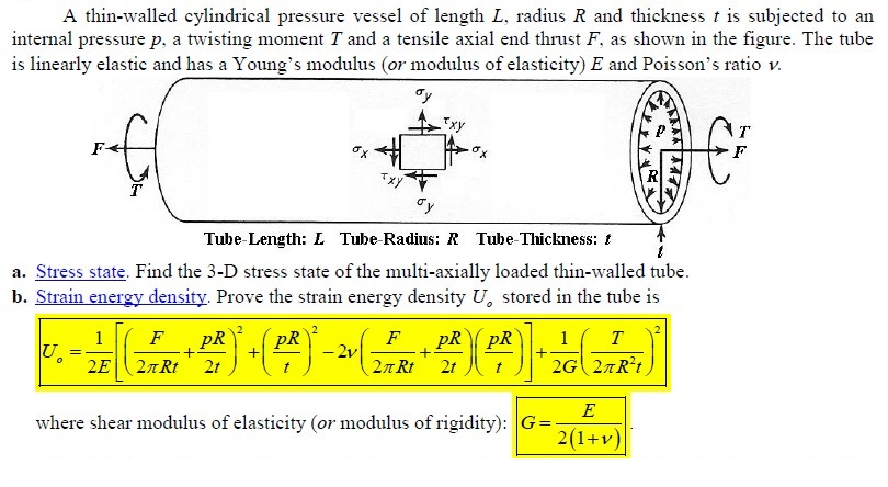 A thin-walled cylindrical pressure vessel of length L. radius R and thickness t is subjected to an internal pressure p, a twi