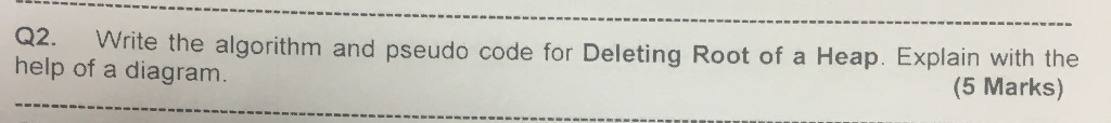 o2. Write the algorithm and pseudo code for Deleting Root of a Heap. Explain with the help of a diagram (5 Marks)