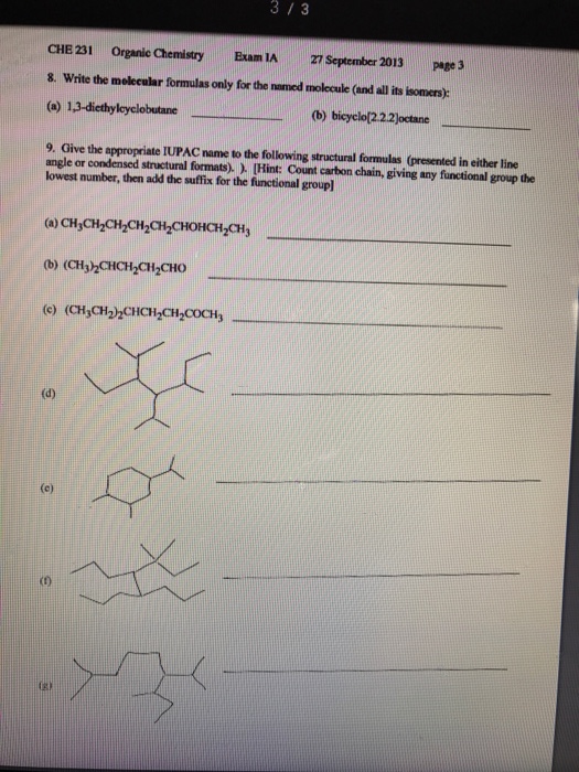 Solved: CHE 231 Organic Chemistry Exam IA 27 September 201... | Chegg.com