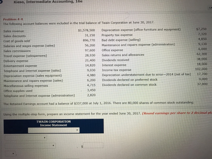 Kieso, Intermediate Accounting, 16e Problem 4-4 The following account balances were included in the trial balance of Twain Corporation at June 30, 2017. Sales revenue Sales discounts Cost of goods sold Salaries and wages expense (sales) Sales commissions Travel expense (salespersons) Delivery expense Entertainment expense Telephone and Internet expense (sales) Depreciation expense (sales equipment) Maintenance and repairs expense (sales) Miscellaneous selling expenses Office supplies used Telephone and Internet expense (administration) $1,578,500 31,150 896,770 56,260 97,600 28,930 21,400 14,820 9,030 4,980 6,200 4,715 3,450 2,820 Depreciation expense (office furniture and equipment) Property tax expense Bad debt expense (selling) Maintenance and repairs expense (administration) Office expense Sales returns and allowances Dividends received Interest expense Income tax expense Depreciation understatement due to error-2014 (net of tax) Dividends declared on preferred stock Dividends declared on common stock $7,250 7,320 4,850 9,130 6,000 62,300 38,000 18,000 102,000 17,700 9,000 37,000 The Retained Earnings account had a balance of $337,000 at July 1, 2016. There are 80,000 shares of common stock outstanding. Using the multiple-step form, prepare an income statement for the year ended June 30, 2017. (Round earnings per share to 2 decimal pla TWAIN CORPORATION Income Statement