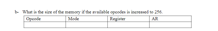 b- What is the size of the memory if the available opcodes is increased to 256 Opcode Register Mode AR