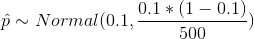 \hat{p} \sim Normal(0.1, \frac{0.1*(1 - 0.1)}{500})