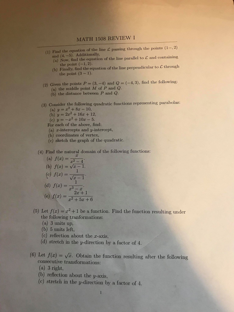 Solved Math 1508 Review 1 Find The Equation Of The Li Chegg Com