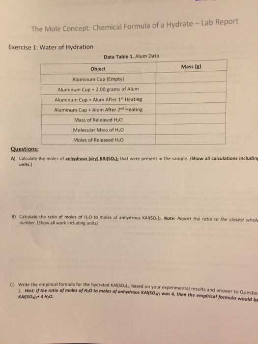 The Mole Concept Chemical Formula Of A Hydrate Lab Chegg 