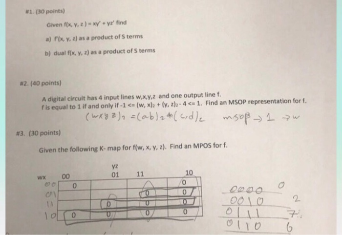 #1, (30 points) Given fx, y, z)xy yz find a) r(x, y, z) as a product of S terms b) dual f(x, y, z) as a product of S terms #