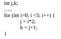 int j,k; for (int i=0; i <5; i++) { j = i*2;