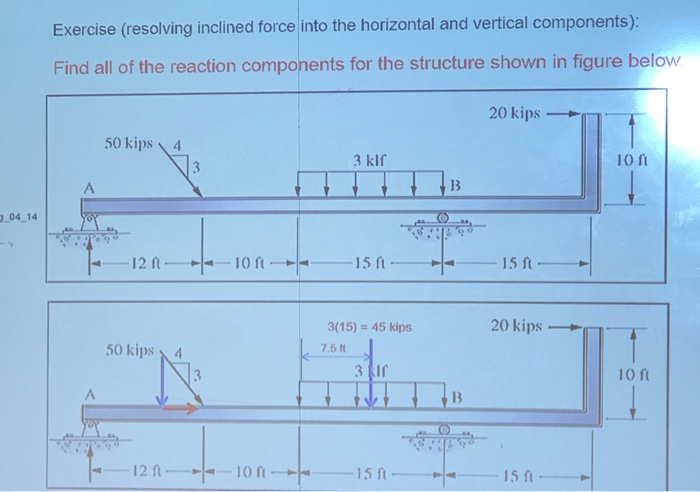 Exercise (resolving inclined force into the horizontal and vertical components): Find all of the reaction components for the structure shown in figure below 20 kips . 50 kips 3 klf 13 ?04-14 12 f 10 20 kips 3(15) = 45 kips 7.5 50 kips 10 f 13 12f 15 15 ft