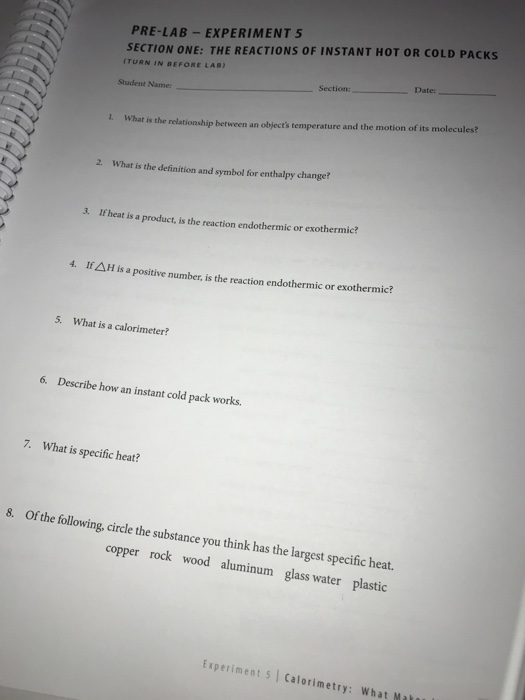 Solved SECTION ONE: THE REACTIONS OF INSTANT HOT OR COLD