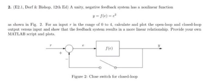 2. (E2.1, Dorf & Bishop, 12th Ed) A unity, negative feedback system has a nonlinear function as shown in Fig. 2. For an input r in the range of 0 to 4, caleulate and plot the open-loop and closed-loop output versus input and show that the feedback system results in a more linear relationship. Provide your own MATLAB script and plots f(e) Figure 2: Close switch for closed-loop