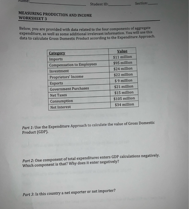 Solved Section: Student ID: Name: MEASURING PRODUCTION AND | Chegg.com