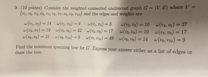 9. (10 points) Consider the weighted connected undirected graph G- (V E) where - lvi, v2, s, vs, Us, to, vr, Us, v9, vho and