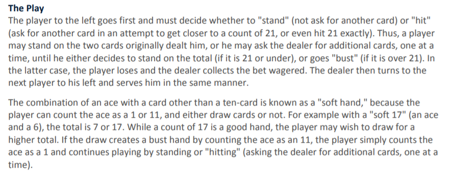 The Play The player to the left goes first and must decide whether to stand (not ask for another card) or hit (ask for an