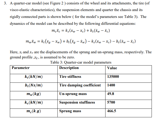 3. A quarter-car model (see Figure 2) consists of the wheel and its attachments, the tire (of visco-elastic characteristics),