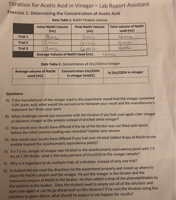 Solved Titration For Acetic Acid In Vinegar Lab Report Chegg Com