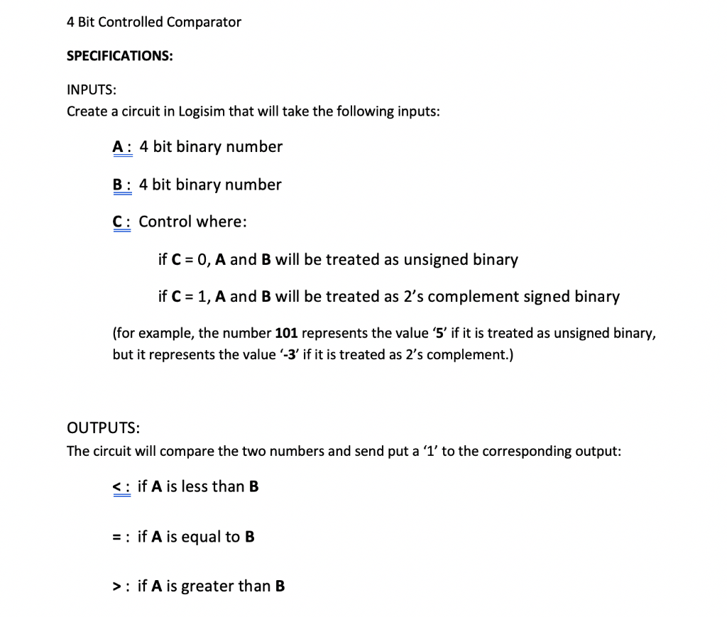 4 Bit Controlled Comparator SPECIFICATIONS: INPUTS: Create a circuit in Logisim that will take the following inputs: A: 4 bit