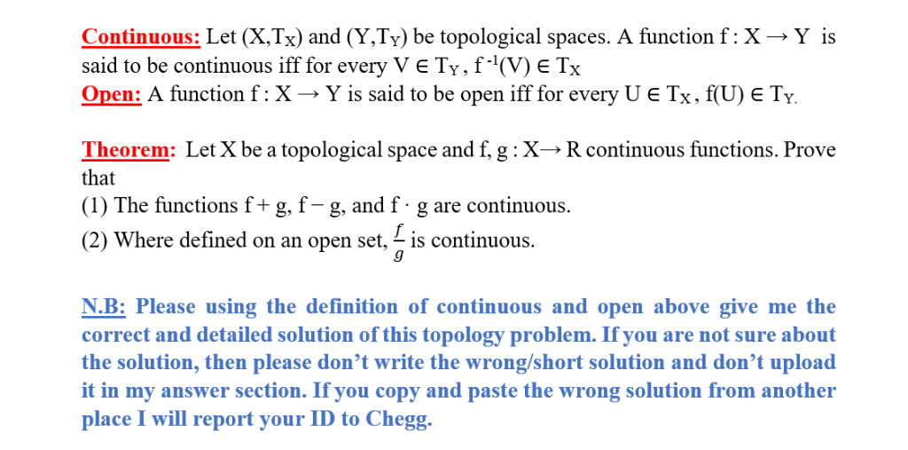 Continuous Let X Tx And Y Ty Be Topological Chegg Com