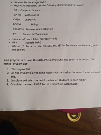 Student ID (an integer field) Major (10 character) use the following abbreviations for major CS Computer Science MATH Mathema