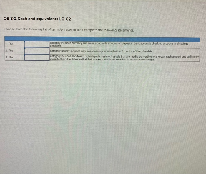Solved QS 82 Cash And Equivalents LO C2 Choose From The