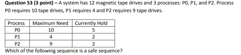 Question 53 (3 point)-A system has 12 magnetic tape drives and 3 processes: PO, P1, and P2. Process PO requires 10 tape drives, P1 requires 4 and P2 requires 9 tape drives Process Maximum Need Currently Hold BP0) P1 P2 10 4 9 Which of the following sequence is a safe sequence?